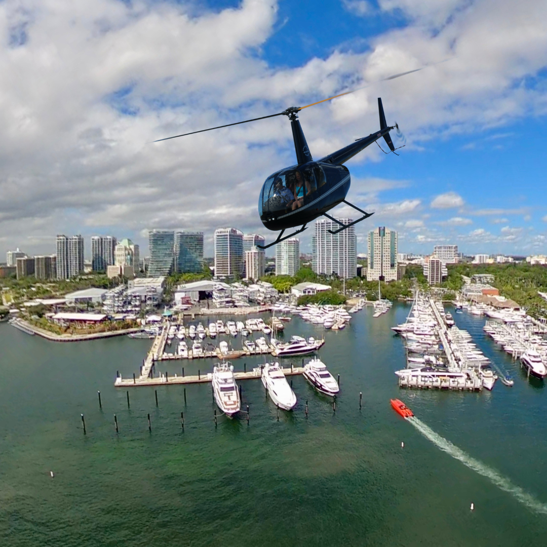 Helicopter ride over Miami offering stunning aerial views of South Miami coastline.