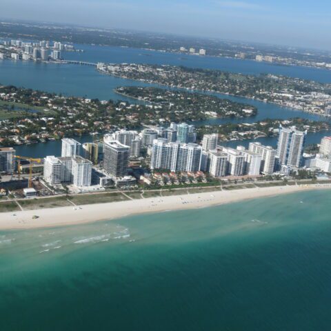 Aerial view of Miami Beach coastline from Magic Air Tours airplane tour